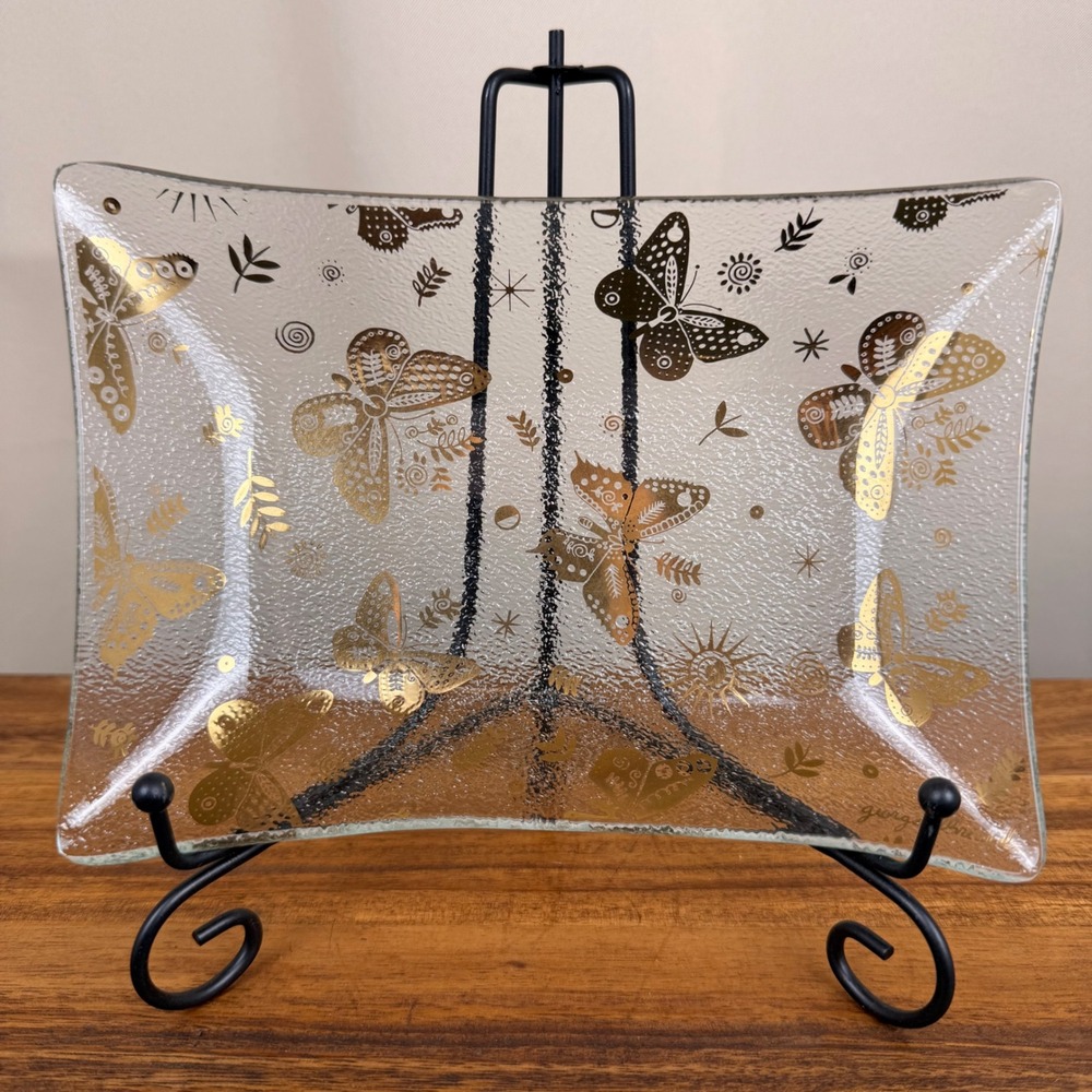 Georges Briard Butterfly Glass Tray Gold 22k MCM Rectangular Dish Signed 8 inch